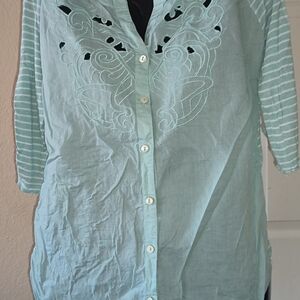 Vintage America Light Aqua Embroidered Button-Front Blouse